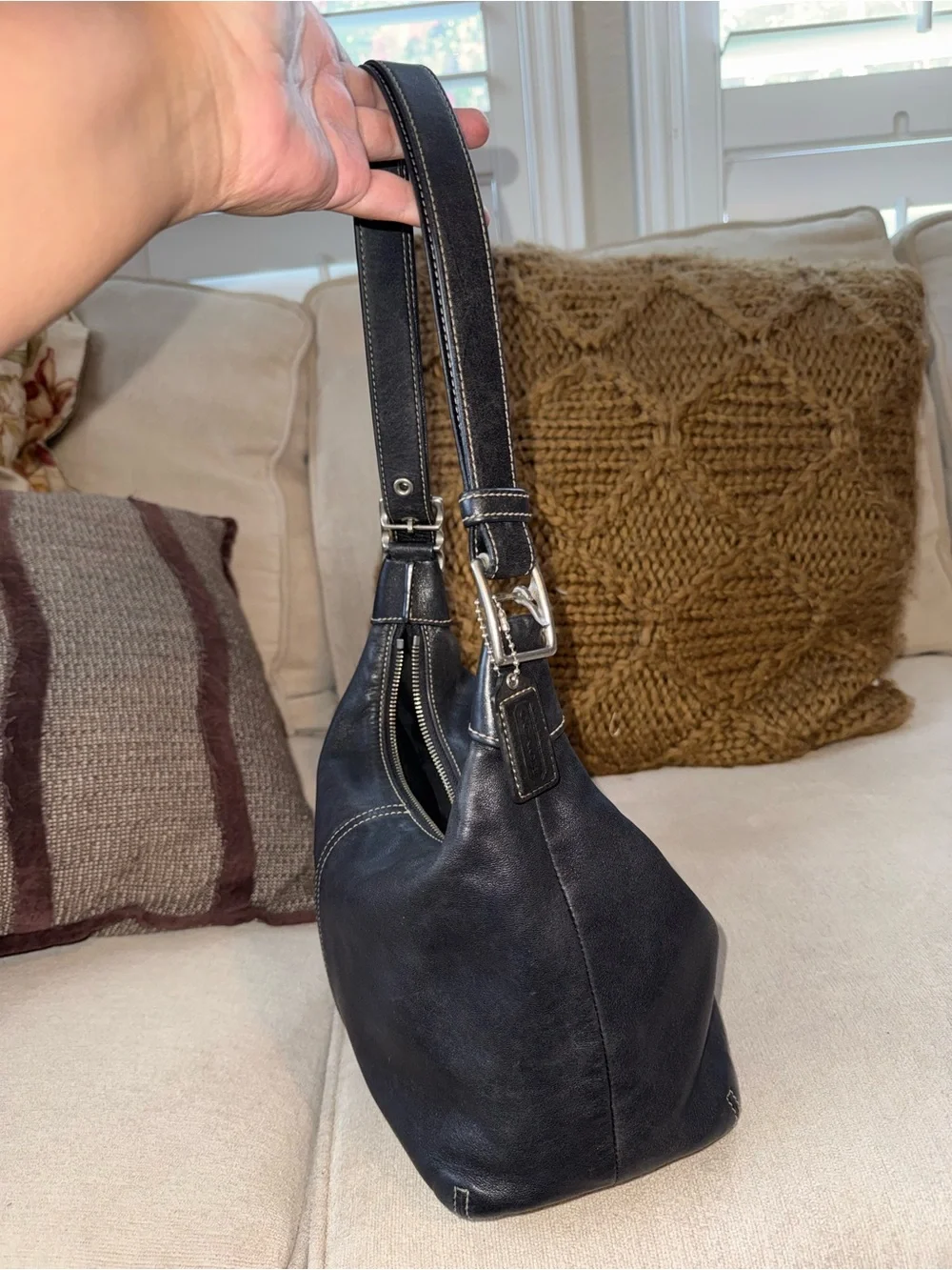 Vintage Coach Legacy Black Leather Hobo Bag with Contrast Stitching 9566
